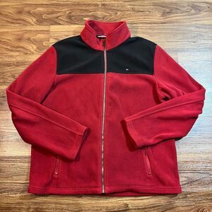 Tommy Hilfiger Fleece Zip Up Mock Neck Sweater Long Sleeve Red Zip Pockets Men L